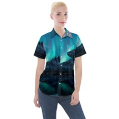 Aurora Borealis Mountain Reflection Women s Short Sleeve Pocket Shirt