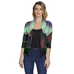Aurora Borealis Nature Sky Light Women s Draped Front 3/4 Sleeve Shawl Collar Jacket