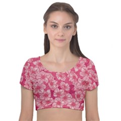 Cute Pink Sakura Flower Pattern Velvet Short Sleeve Crop Top 