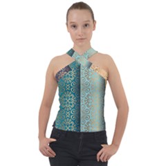 Gold Pattern Texture Golden Ornament Cross Neck Velour Top