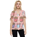 Cute Kawaii Food Seamless Pattern Bow Sleeve Button Up Top View1