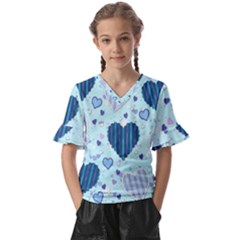 Hearts Pattern Paper Wallpaper Blue Background Kids  V-neck Horn Sleeve Blouse