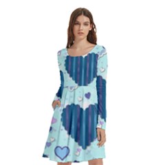 Hearts Pattern Paper Wallpaper Blue Background Long Sleeve Knee Length Skater Dress With Pockets by Pakjumat