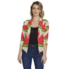 Cute Watermelon Seamless Pattern Women s Draped Front 3/4 Sleeve Shawl Collar Jacket