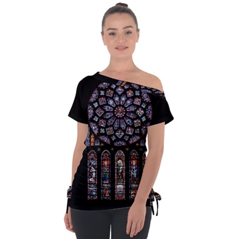 Chartres Cathedral Notre Dame De Paris Stained Glass Off Shoulder Tie-up T-shirt by Maspions