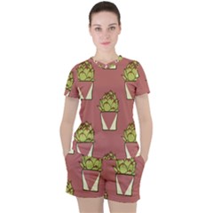 Cactus Pattern Background Texture Women s T-shirt And Shorts Set