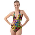Cube Diced Tile Background Image Halter Cut-Out One Piece Swimsuit View1