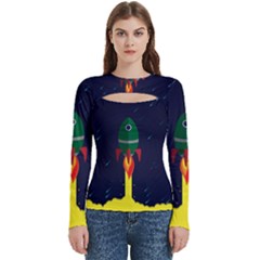 Rocket Halftone Astrology Astronaut Women s Cut Out Long Sleeve T-shirt