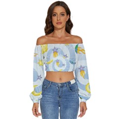 Science Fiction Outer Space Long Sleeve Crinkled Weave Crop Top
