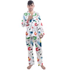 Vector Set Isolates With Cute Birds Scandinavian Style Men s Long Sleeve Satin Pajamas Set