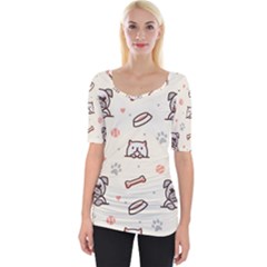 Pug Dog Cat With Bone Fish Bones Paw Prints Ball Seamless Pattern Vector Background Wide Neckline T-shirt