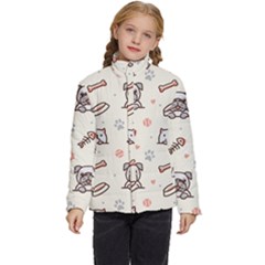 Pug Dog Cat With Bone Fish Bones Paw Prints Ball Seamless Pattern Vector Background Kids  Puffer Bubble Jacket Coat