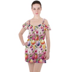 Fruits Apple Strawberry Raspberry Ruffle Cut Out Chiffon Playsuit