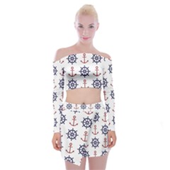 Nautical Seamless Pattern Off Shoulder Top With Mini Skirt Set