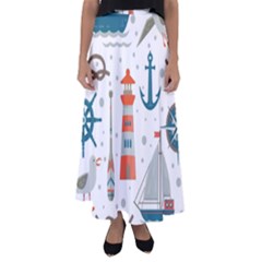 Nautical Elements Pattern Background Flared Maxi Skirt