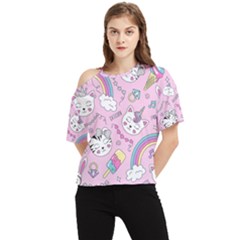 Cute Cat Kitten Cartoon Doodle Seamless Pattern One Shoulder Cut Out T-shirt