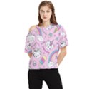 Cute Cat Kitten Cartoon Doodle Seamless Pattern One Shoulder Cut Out T-Shirt View1