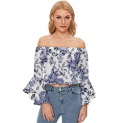 Blue Vintage Background Background With Flowers, Vintage Off Shoulder Flutter Bell Sleeve Top