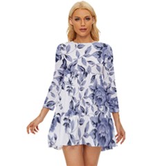 Blue Vintage Background Background With Flowers, Vintage Long Sleeve Babydoll Dress