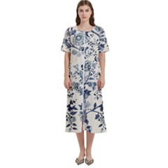Blue Vintage Background, Blue Roses Patterns, Retro Women s Cotton Short Sleeve Night Gown