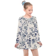 Blue Vintage Background, Blue Roses Patterns, Retro Kids  Long Sleeve Dress