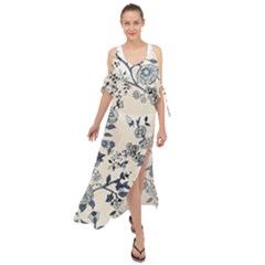 Blue Vintage Background, Blue Roses Patterns, Retro Maxi Chiffon Cover Up Dress