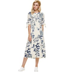 Blue Vintage Background, Blue Roses Patterns, Retro Bow Sleeve Chiffon Midi Dress
