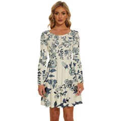 Blue Vintage Background, Blue Roses Patterns, Retro Long Sleeve Wide Neck Velvet Dress