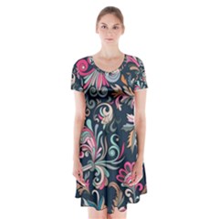 Coorful Flowers Pattern Floral Patterns Short Sleeve V-neck Flare Dress