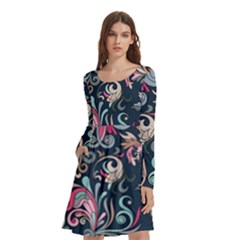 Coorful Flowers Pattern Floral Patterns Long Sleeve Knee Length Skater Dress With Pockets