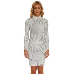 Damask, Desenho, Flowers, Gris Long Sleeve Shirt Collar Bodycon Dress