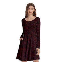 Dark Red Floral Lace, Dark Red, Flowers, Pattern, Romance Long Sleeve Knee Length Skater Dress With Pockets