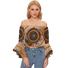Dreamcatcher, Abstract, Colorful, Colors, Dream, Golden, Vintage Off Shoulder Flutter Bell Sleeve Top