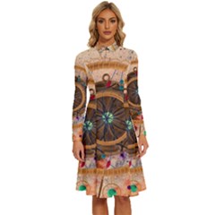 Dreamcatcher, Abstract, Colorful, Colors, Dream, Golden, Vintage Long Sleeve Shirt Collar A-line Dress