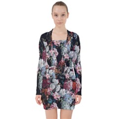 Floral Pattern, Red, Floral Print, E, Dark, Flowers V-neck Bodycon Long Sleeve Dress