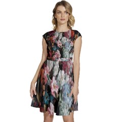Floral Pattern, Red, Floral Print, E, Dark, Flowers Cap Sleeve High Waist Dress
