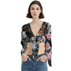 Floral Pattern, Red, Floral Print, E, Dark, Flowers Trumpet Sleeve Cropped Top