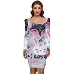 Big Set With Cute Cartoon Animals Bear Panda Bunny Penguin Cat Fox Women Long Sleeve Ruched Stretch Jersey Dress