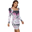 Big Set With Cute Cartoon Animals Bear Panda Bunny Penguin Cat Fox Women Long Sleeve Ruched Stretch Jersey Dress View2