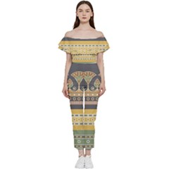 Seamless Pattern Egyptian Ornament With Lotus Flower Bardot Ruffle Jumpsuit