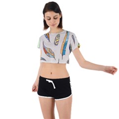 Vector Boho Doodle Feathers Seamless Pattern Illustration Tie Back Short Sleeve Crop T-shirt
