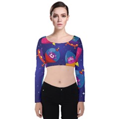 Cartoon Funny Aliens With Ufo Duck Starry Sky Set Velvet Long Sleeve Crop Top