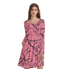 Pink Monstera Long Sleeve Knee Length Skater Dress With Pockets