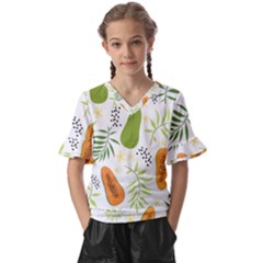 Seamless Tropical Pattern With Papaya Kids  V-neck Horn Sleeve Blouse