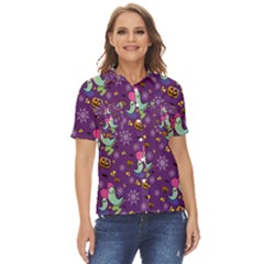 Pumpkin Ghost Skeleton Pattern Women s Short Sleeve Double Pocket Shirt