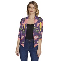 Exotic Seamless Pattern With Parrots Fruits Women s Draped Front 3/4 Sleeve Shawl Collar Jacket