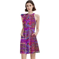 Technology Circuit Board Layout Pattern Cocktail Party Halter Sleeveless Dress With Pockets