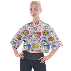 Seamless Pattern With Many Funny Cute Superhero Dinosaurs T-rex Mask Cloak With Comics Style Inscrip Mock Neck T-shirt