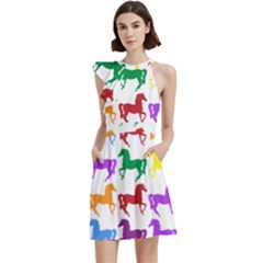 Colorful Horse Background Wallpaper Cocktail Party Halter Sleeveless Dress With Pockets