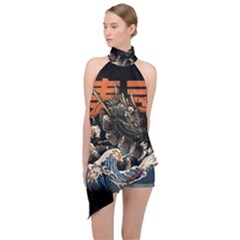 Sushi Dragon Japanese Halter Asymmetric Satin Top